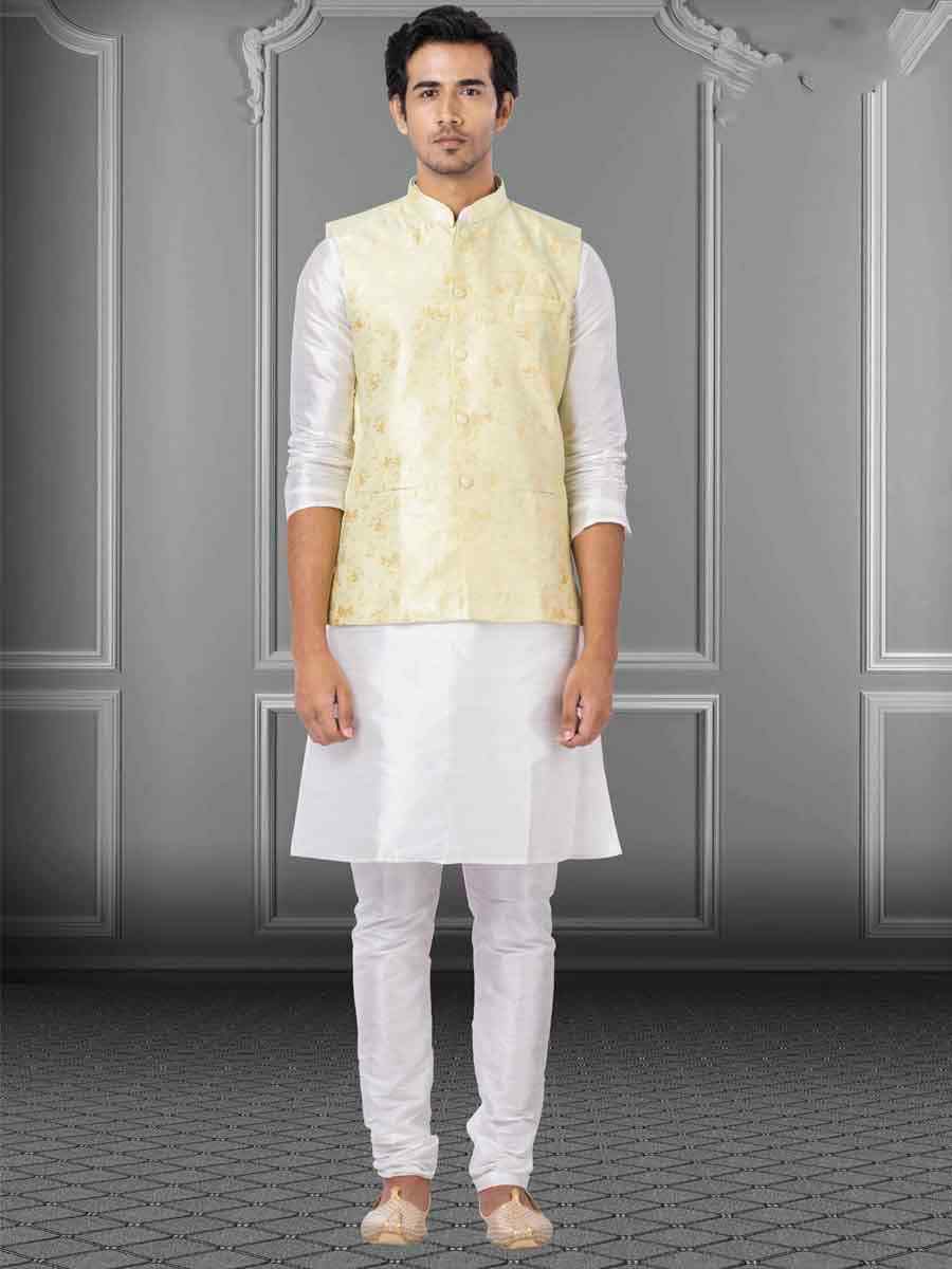 White Dhupion Raw Silk Woven Festival Wedding Kurta Waistcoat