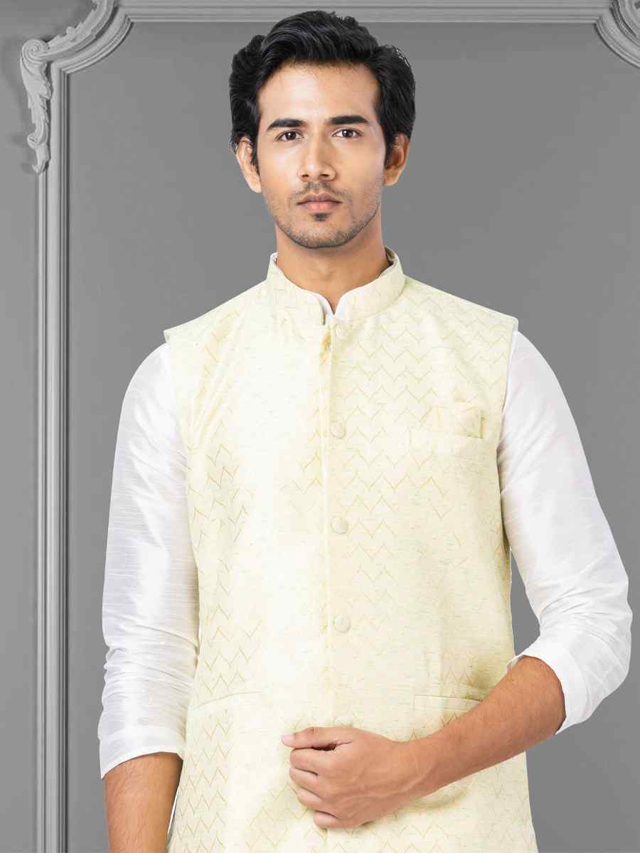 White Dhupion Raw Silk Woven Festival Wedding Kurta Waistcoat