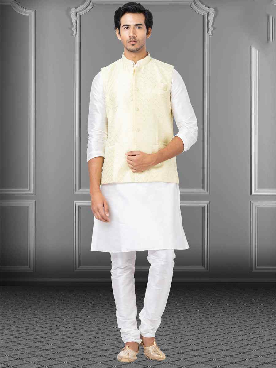 White Dhupion Raw Silk Woven Festival Wedding Kurta Waistcoat