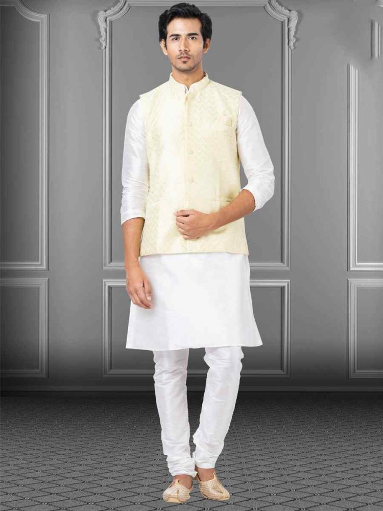 White Dhupion Raw Silk Woven Festival Wedding Kurta Waistcoat
