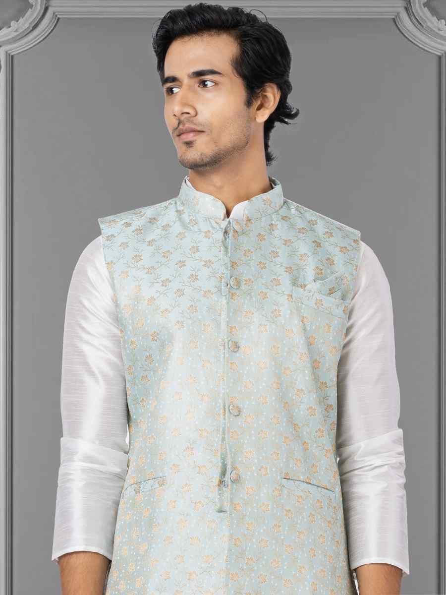 White Dhupion Raw Silk Woven Festival Wedding Kurta Waistcoat