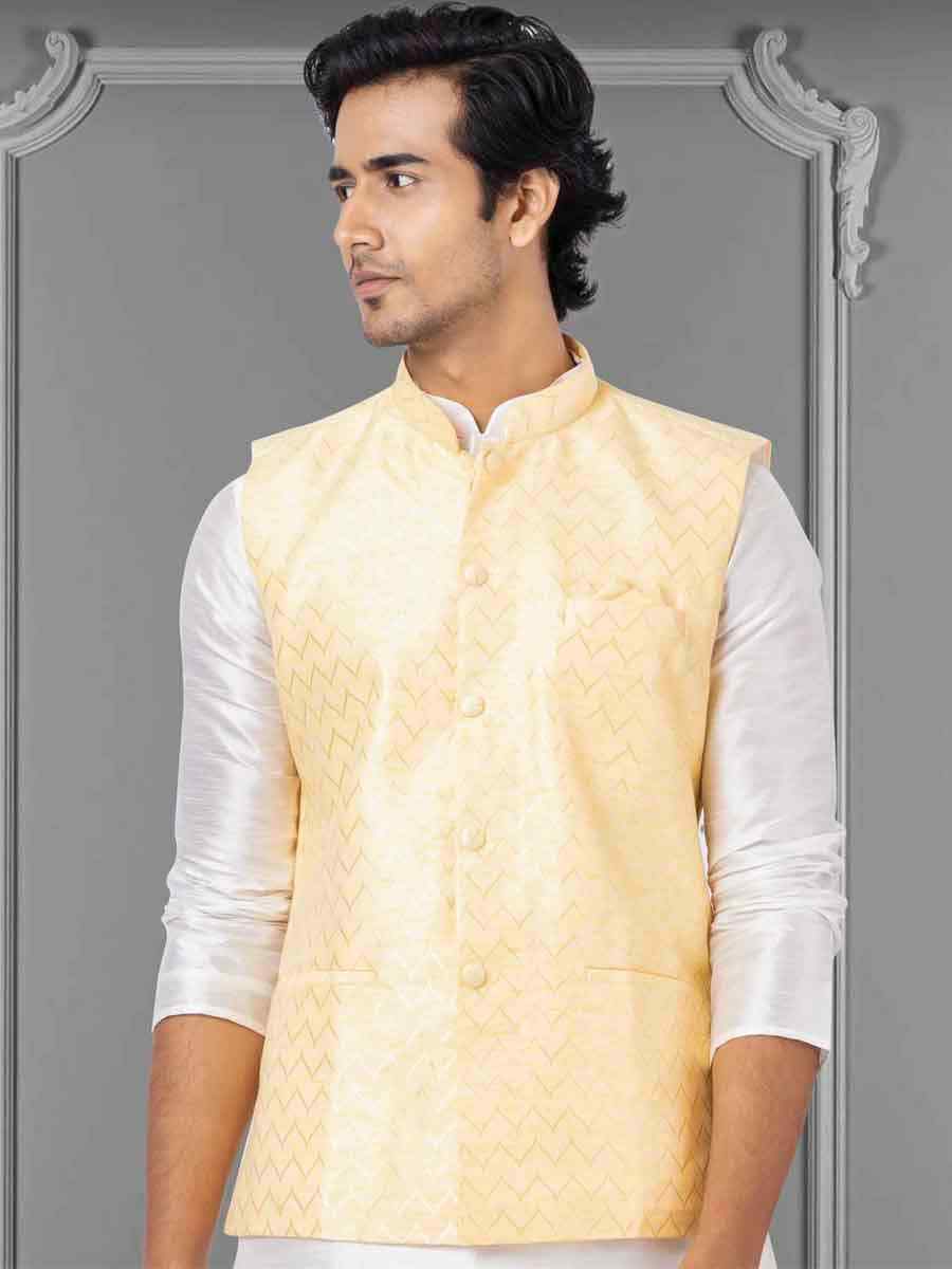 White Dhupion Raw Silk Woven Festival Wedding Kurta Waistcoat