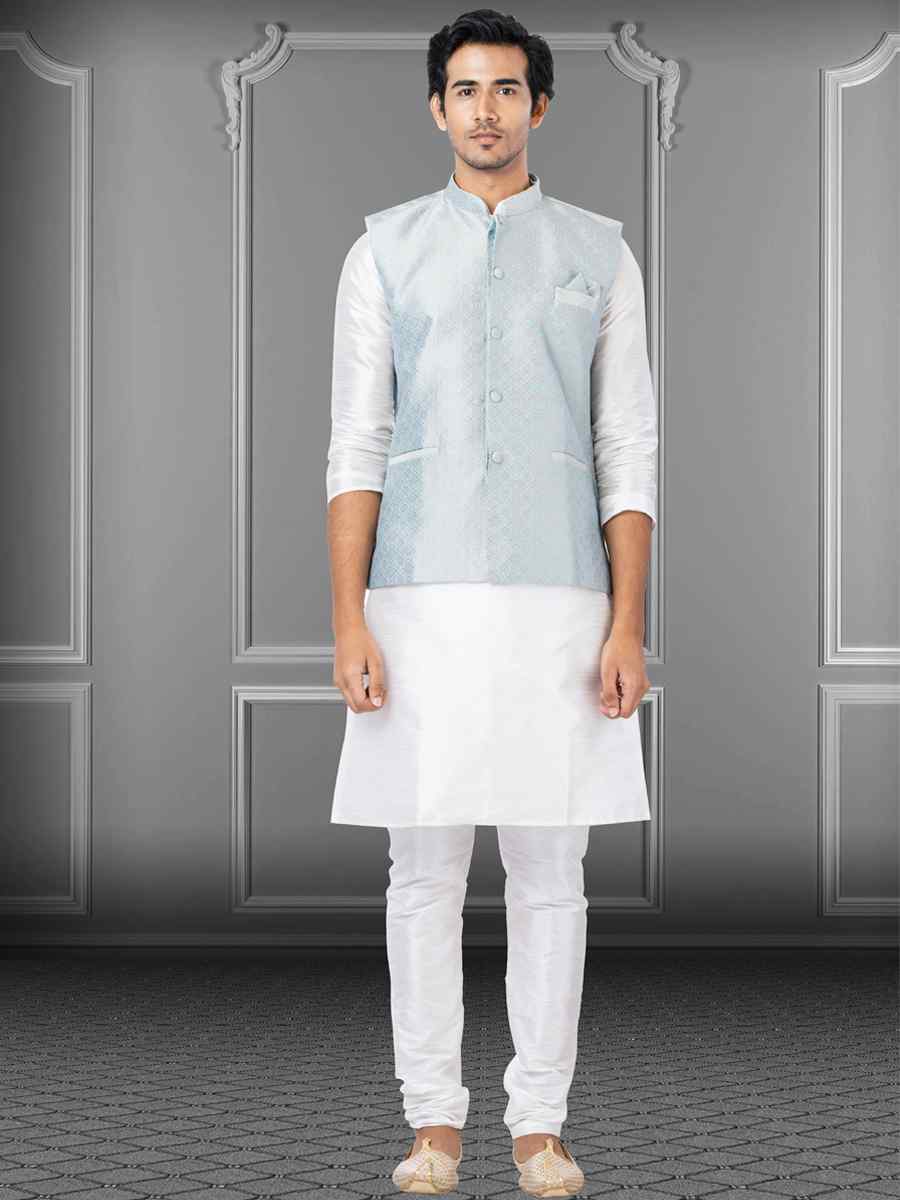 White Dhupion Raw Silk Woven Festival Wedding Kurta Waistcoat