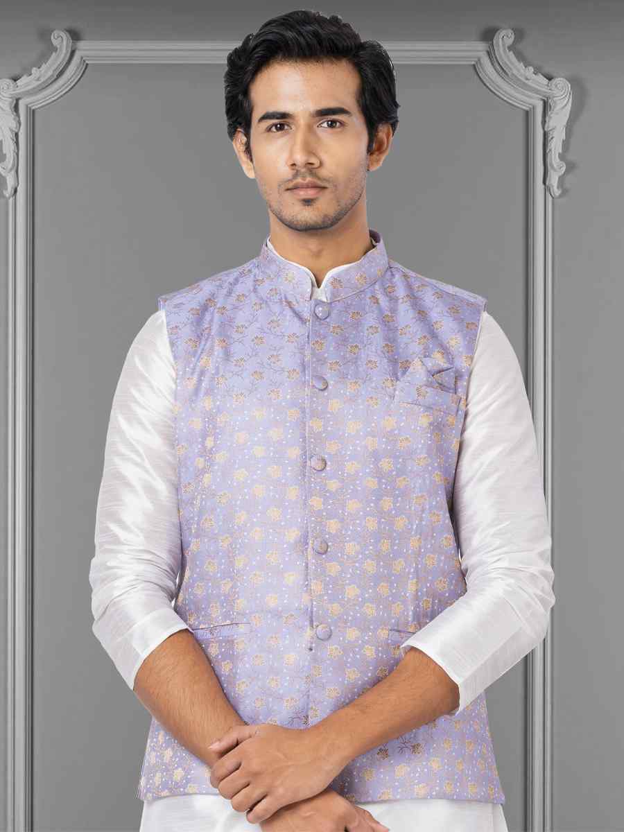 White Dhupion Raw Silk Woven Festival Wedding Kurta Waistcoat