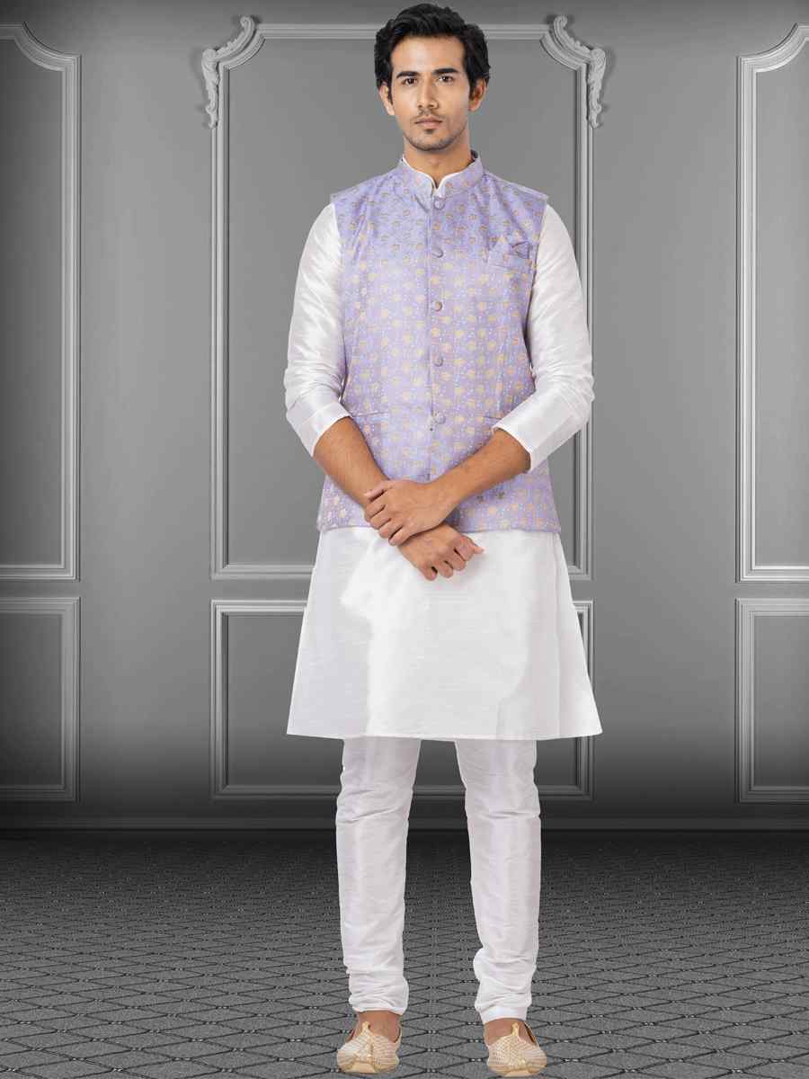 White Dhupion Raw Silk Woven Festival Wedding Kurta Waistcoat