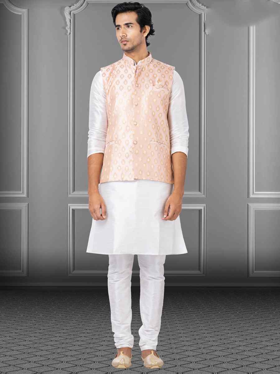 White Dhupion Raw Silk Woven Festival Wedding Kurta Waistcoat