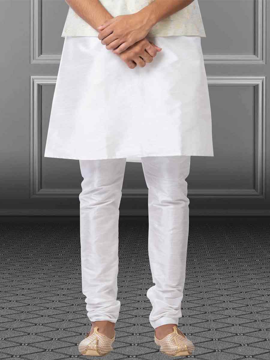 White Dhupion Raw Silk Woven Festival Wedding Kurta Waistcoat