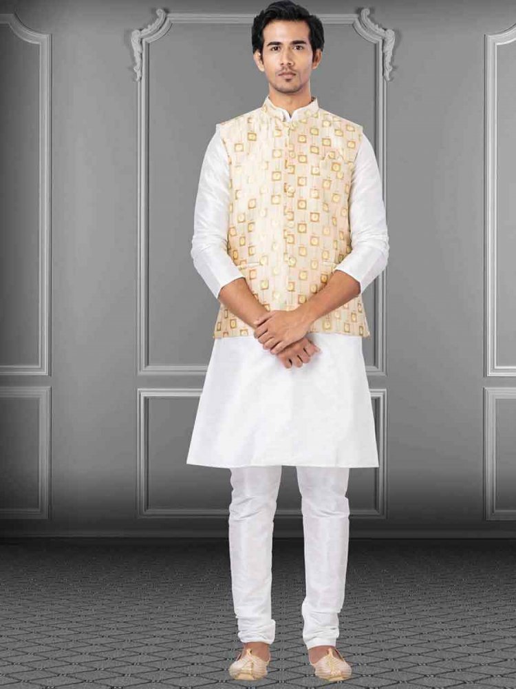 White Dhupion Raw Silk Woven Festival Wedding Kurta Waistcoat