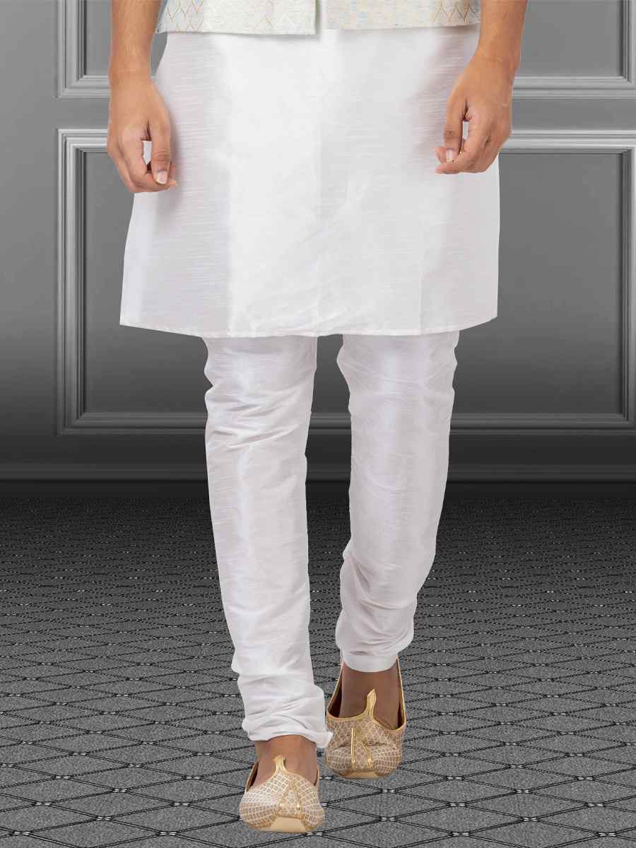 White Dhupion Raw Silk Woven Festival Wedding Kurta Waistcoat