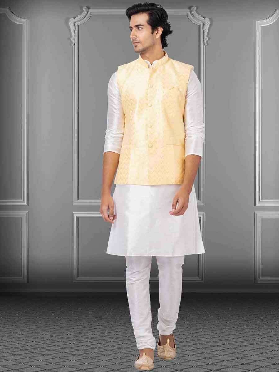 White Dhupion Raw Silk Woven Festival Wedding Kurta Waistcoat