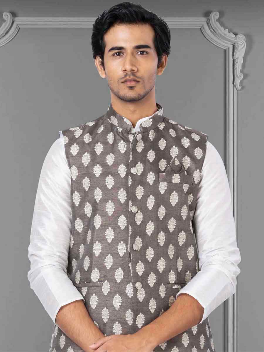 White Dhupion Raw Silk Woven Festival Wedding Kurta Waistcoat