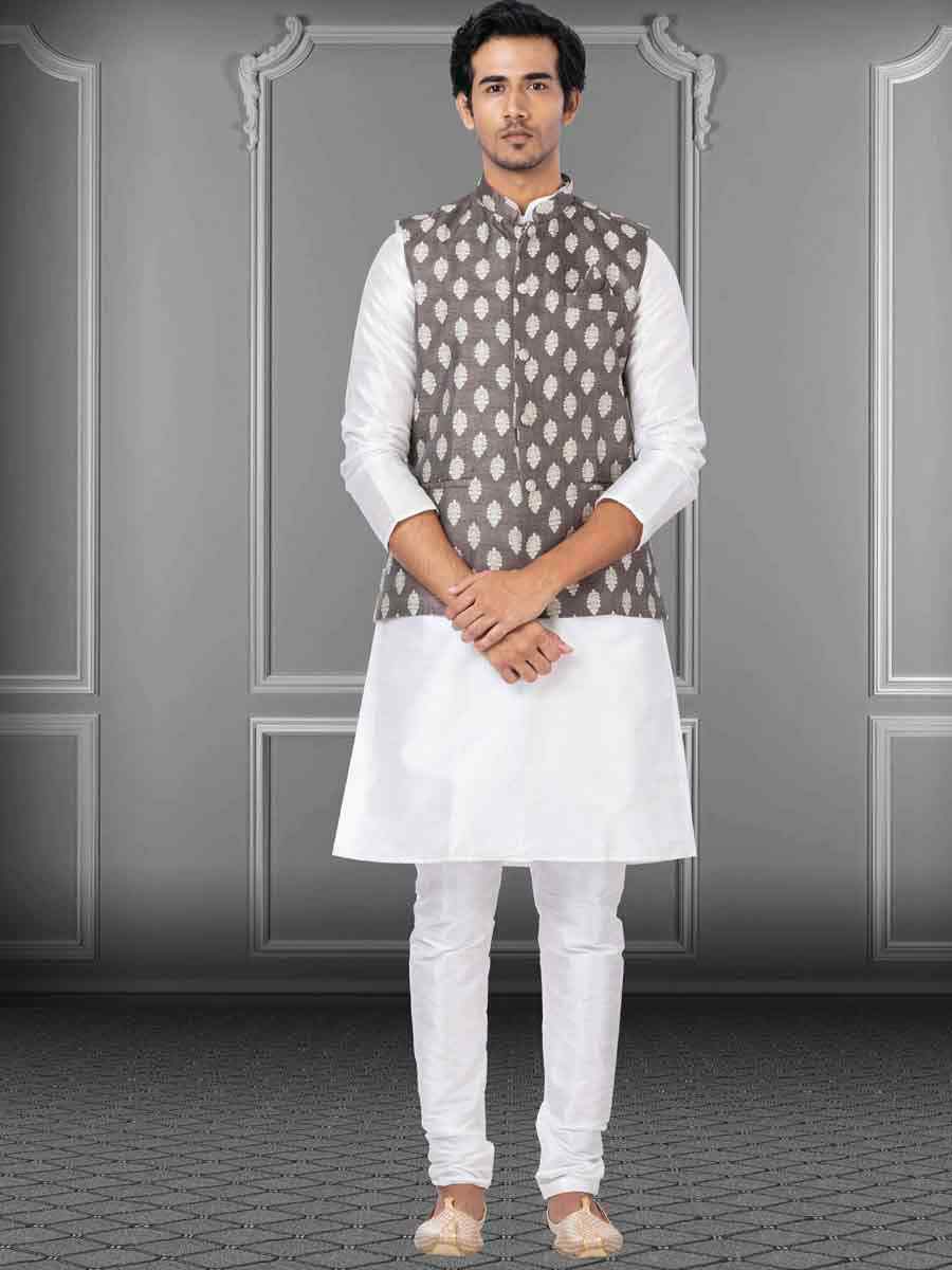 White Dhupion Raw Silk Woven Festival Wedding Kurta Waistcoat