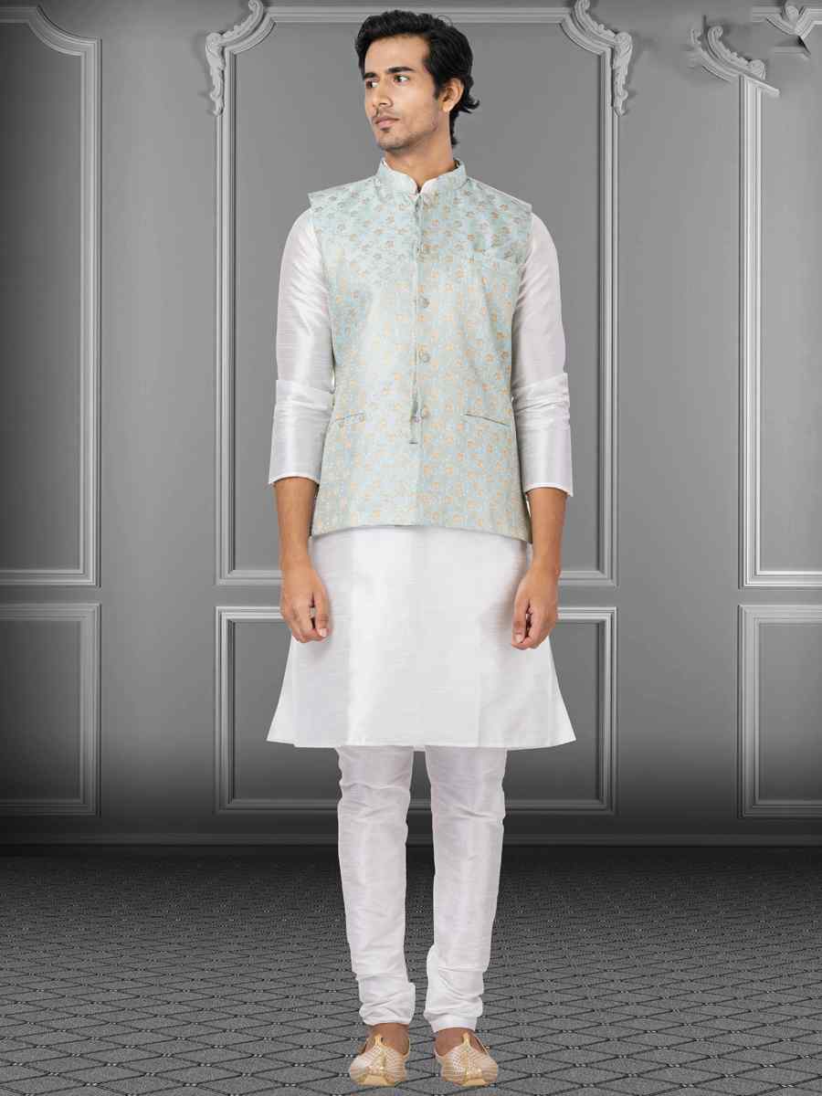 White Dhupion Raw Silk Woven Festival Wedding Kurta Waistcoat