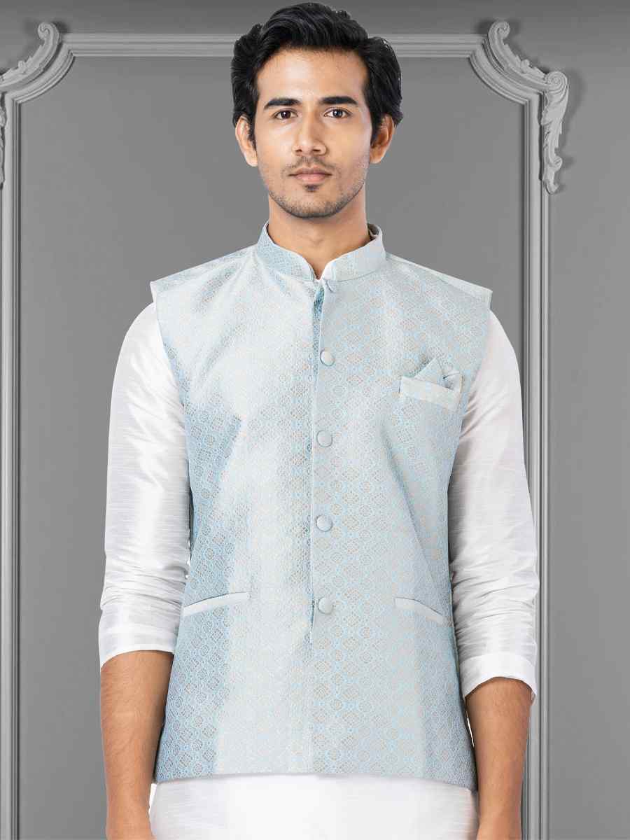 White Dhupion Raw Silk Woven Festival Wedding Kurta Waistcoat