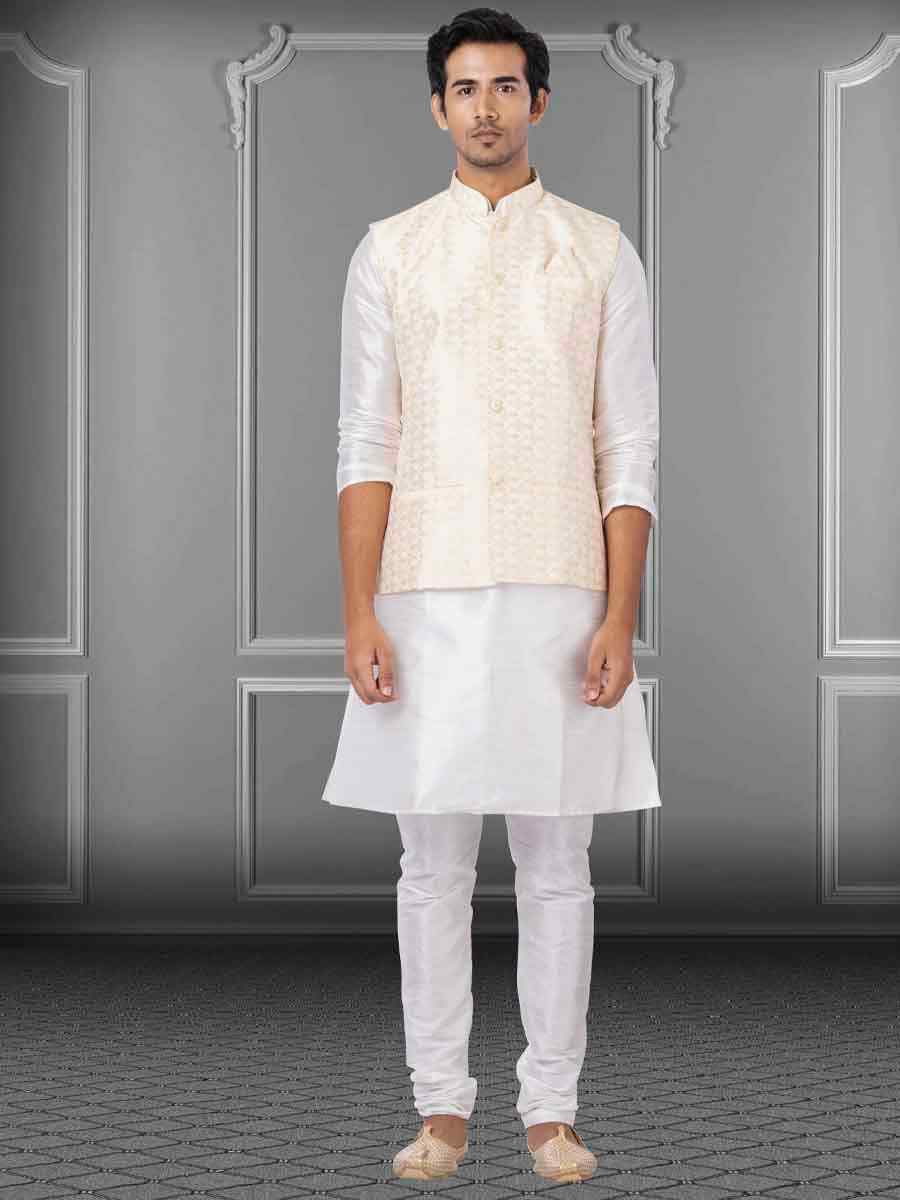 White Dhupion Raw Silk Woven Festival Wedding Kurta Waistcoat