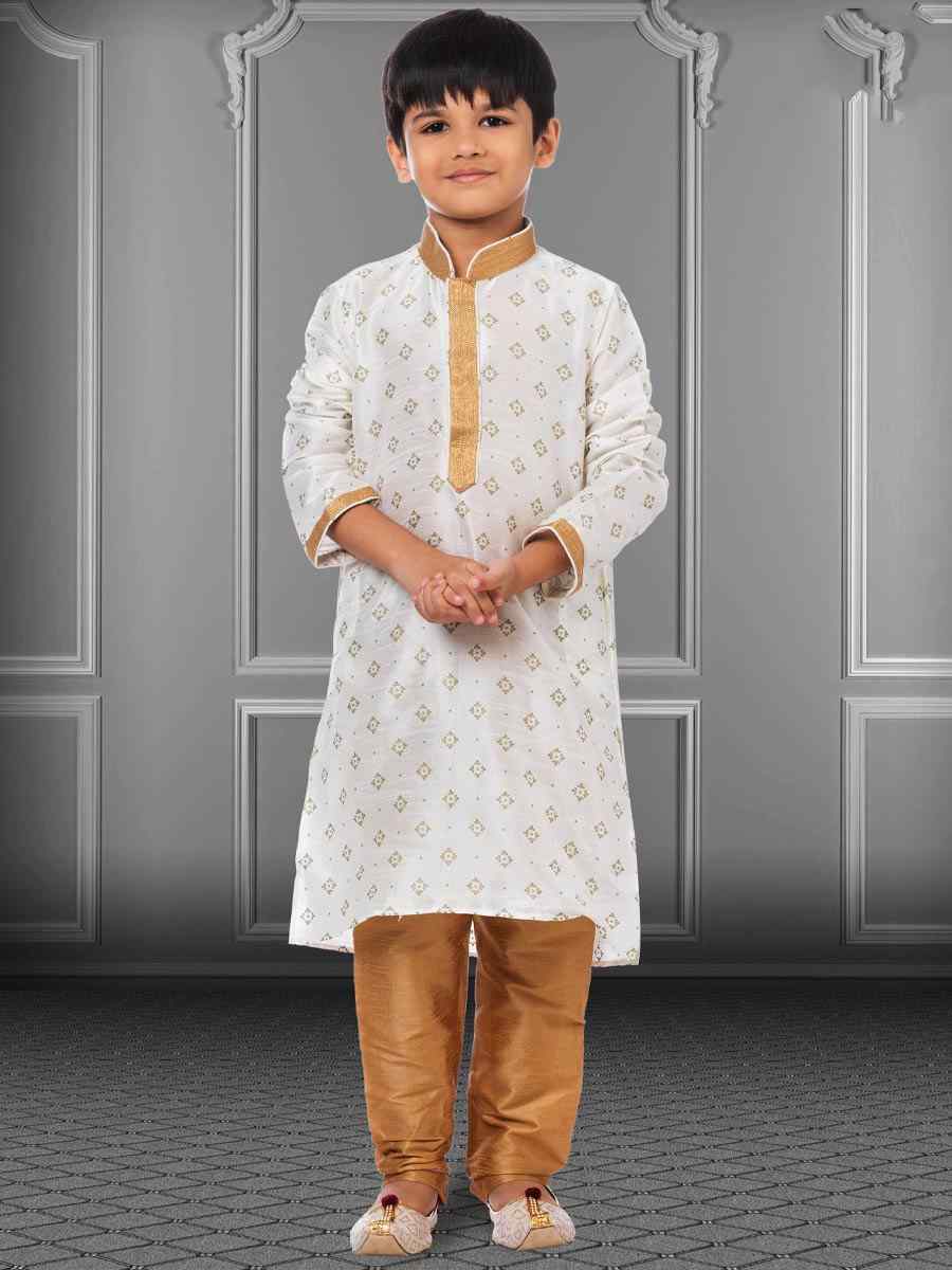 White Dhupion Silk Printed Festival Kurta Pyjama Boys Wear