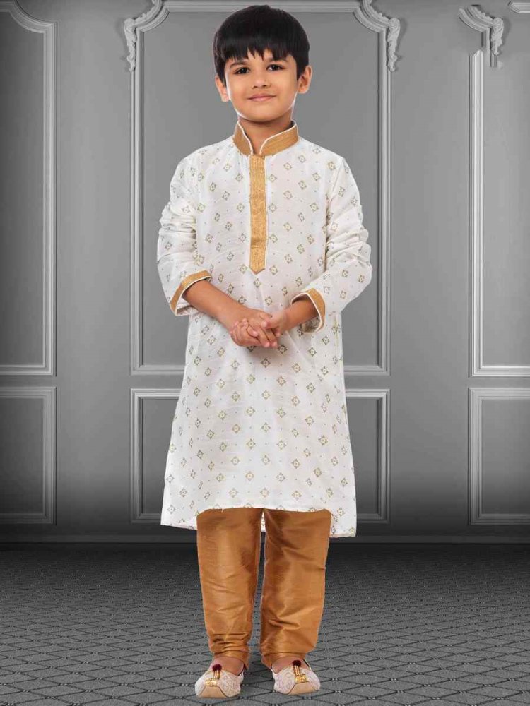 White Dhupion Silk Printed Festival Kurta Pyjama Boys Wear