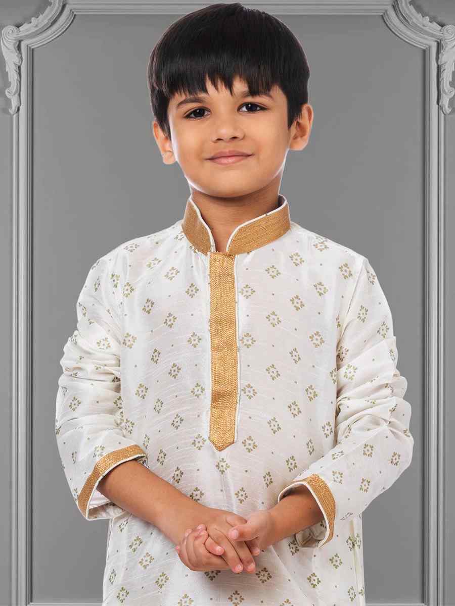 White Dhupion Silk Printed Festival Kurta Pyjama Boys Wear