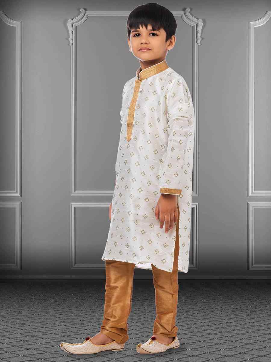 White Dhupion Silk Printed Festival Kurta Pyjama Boys Wear