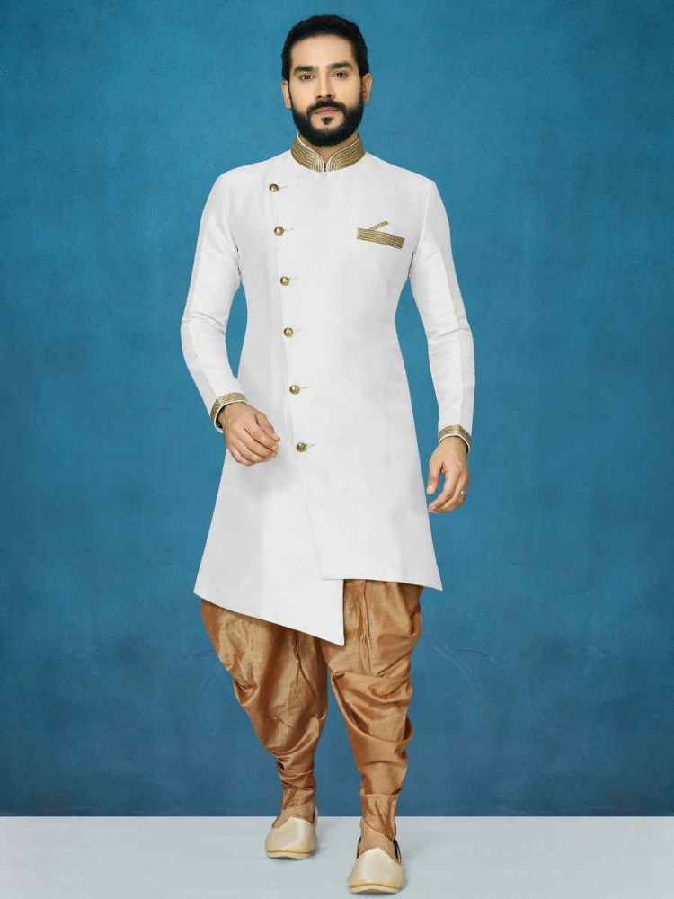 White Dupion Art Silk Cutwork Wedding Party Sherwani