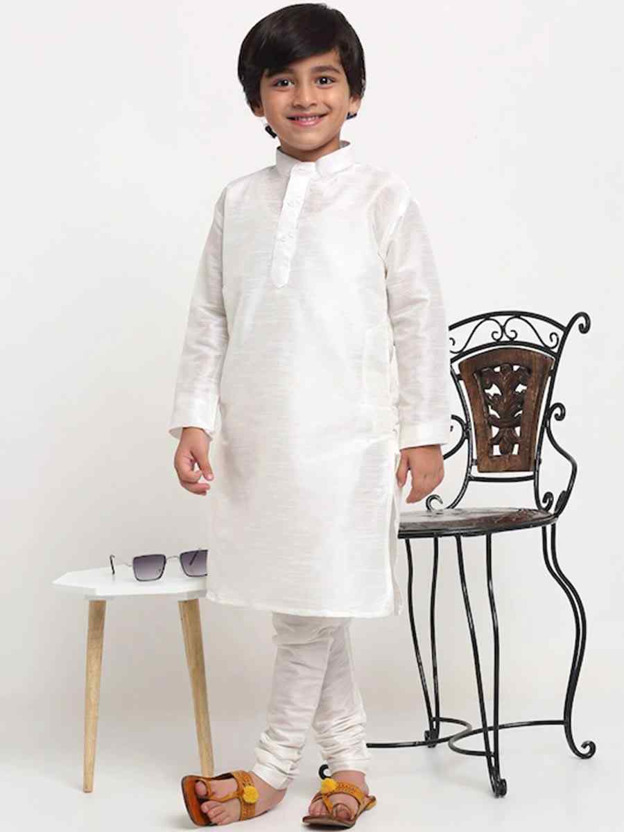 White Dupion Silk Brocade Festival Traditional Kurta Pyjama Boys Wear