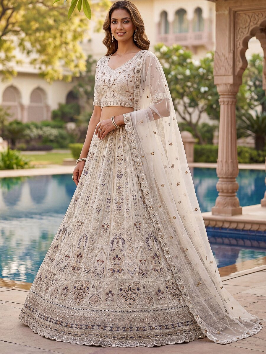White Embroidery Zari Sequins Zircon Diamond Work Wedding Reception Party Festival Heavy Border Lehenga Choli