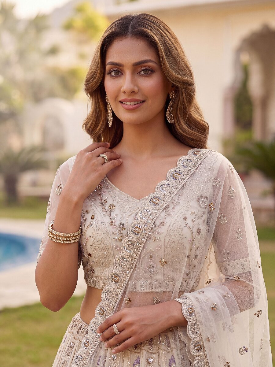 White Embroidery Zari Sequins Zircon Diamond Work Wedding Reception Party Festival Heavy Border Lehenga Choli