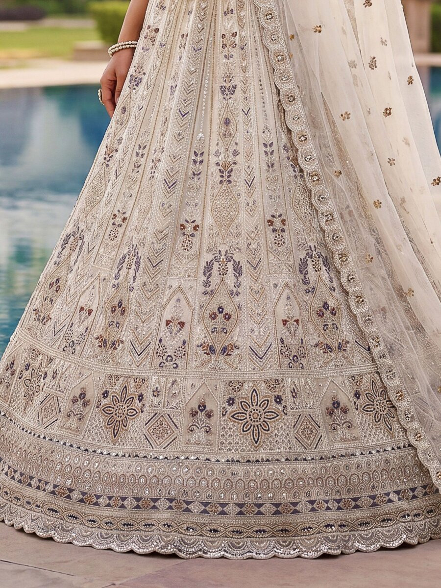White Embroidery Zari Sequins Zircon Diamond Work Wedding Reception Party Festival Heavy Border Lehenga Choli