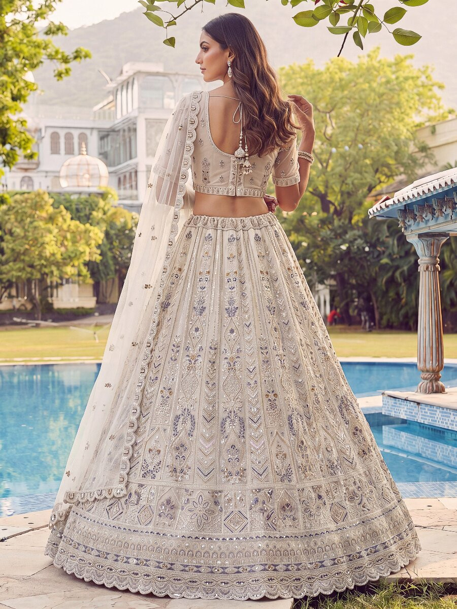 White Embroidery Zari Sequins Zircon Diamond Work Wedding Reception Party Festival Heavy Border Lehenga Choli