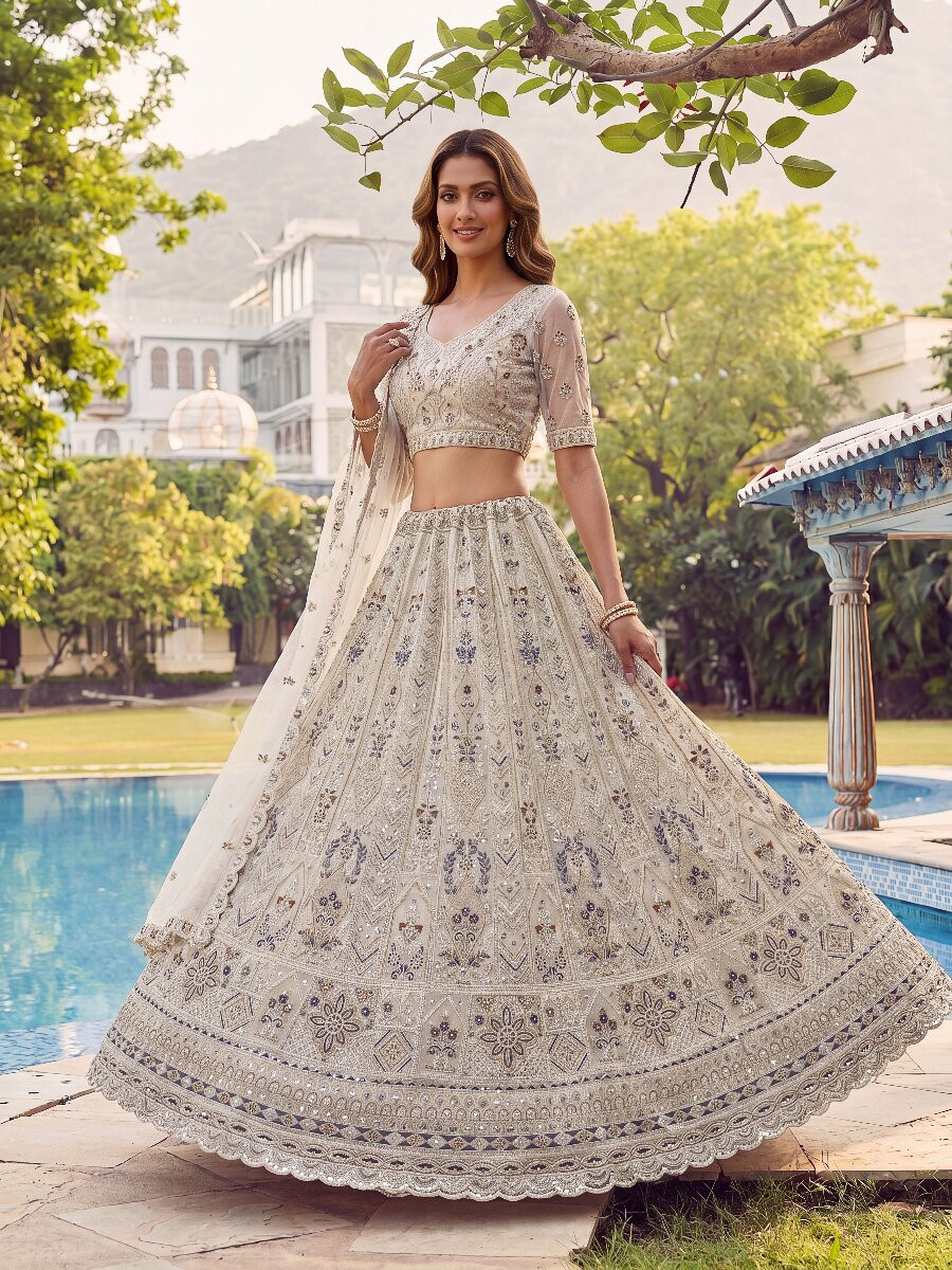 White Embroidery Zari Sequins Zircon Diamond Work Wedding Reception Party Festival Heavy Border Lehenga Choli
