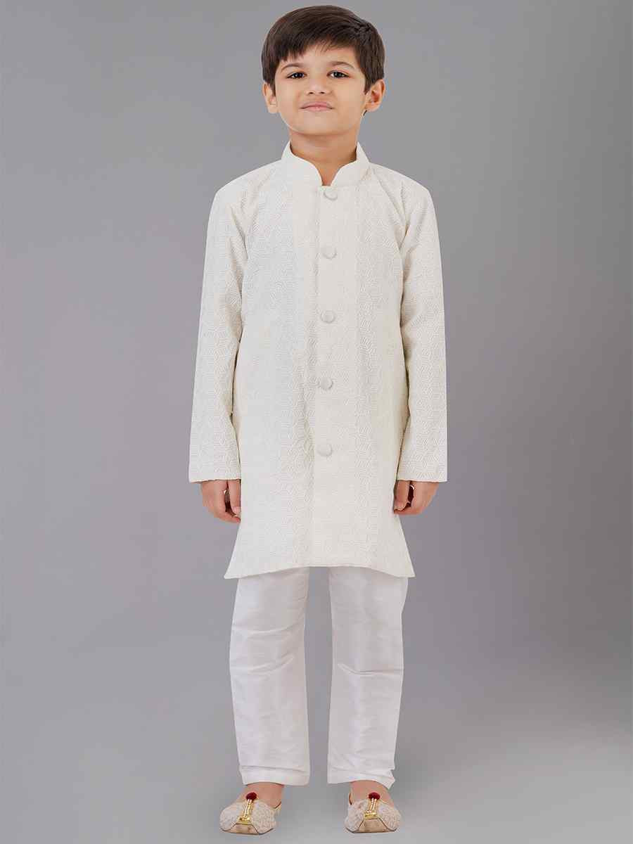 White Fancy Silk Embroidered Festival Traditional Kurta Pyjama Boys Wear