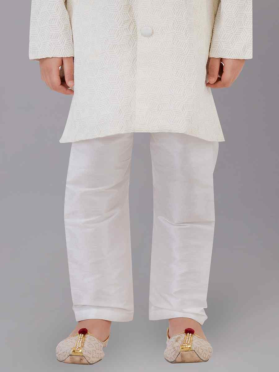 White Fancy Silk Embroidered Festival Traditional Kurta Pyjama Boys Wear
