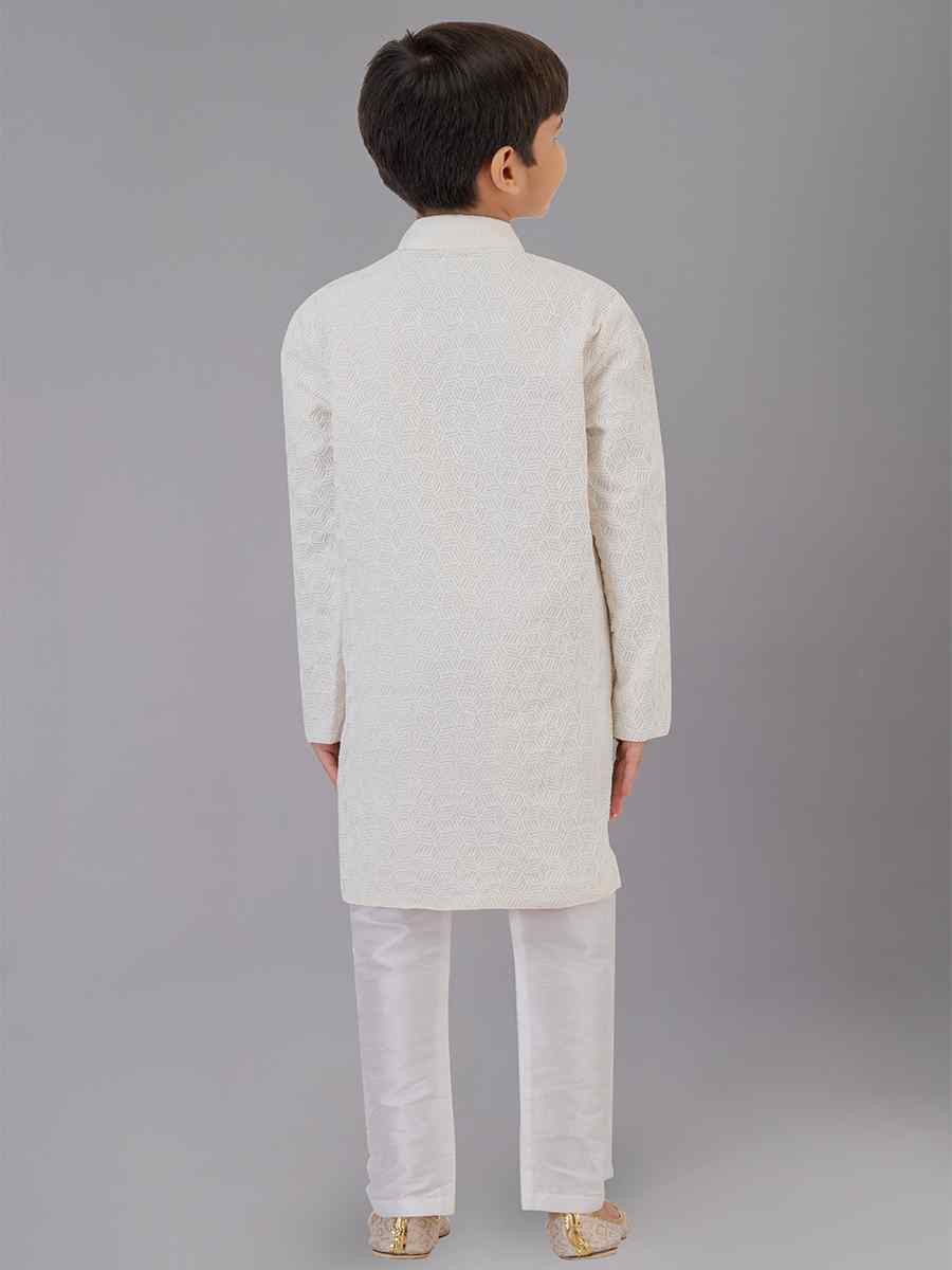 White Fancy Silk Embroidered Festival Traditional Kurta Pyjama Boys Wear
