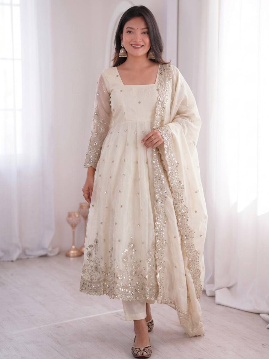 White Fandy Silk Embroidery Sequins Zari Wedding Party Festival Casual Ready Anarkali Pant Salwar Kameez