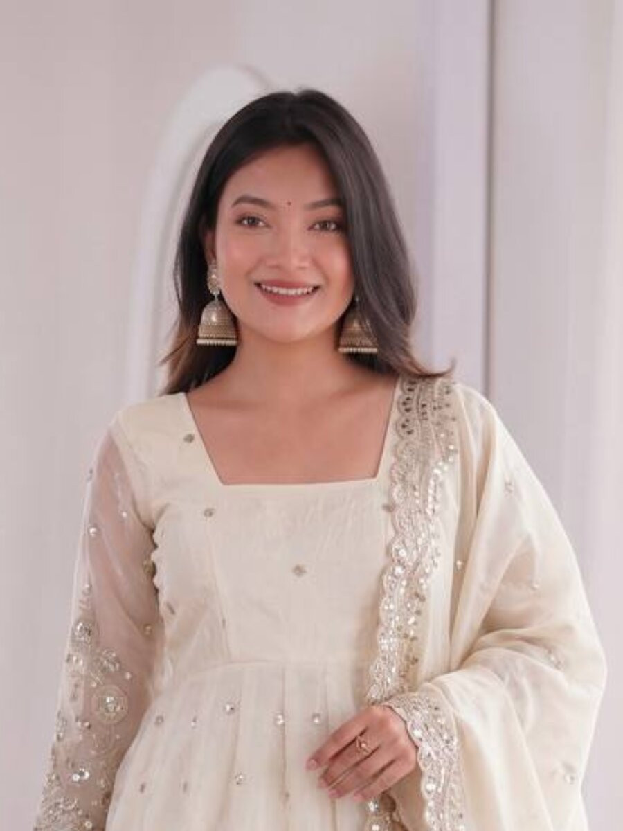 White Fandy Silk Embroidery Sequins Zari Wedding Party Festival Casual Ready Anarkali Pant Salwar Kameez