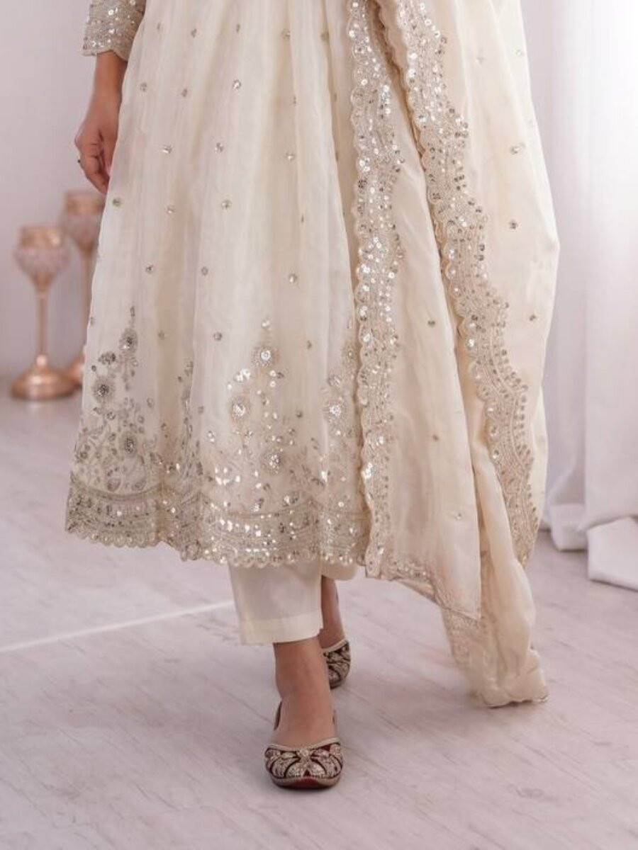 White Fandy Silk Embroidery Sequins Zari Wedding Party Festival Casual Ready Anarkali Pant Salwar Kameez