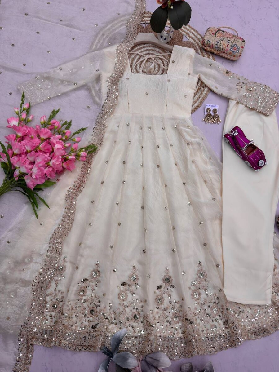 White Fandy Silk Embroidery Sequins Zari Wedding Party Festival Casual Ready Anarkali Pant Salwar Kameez