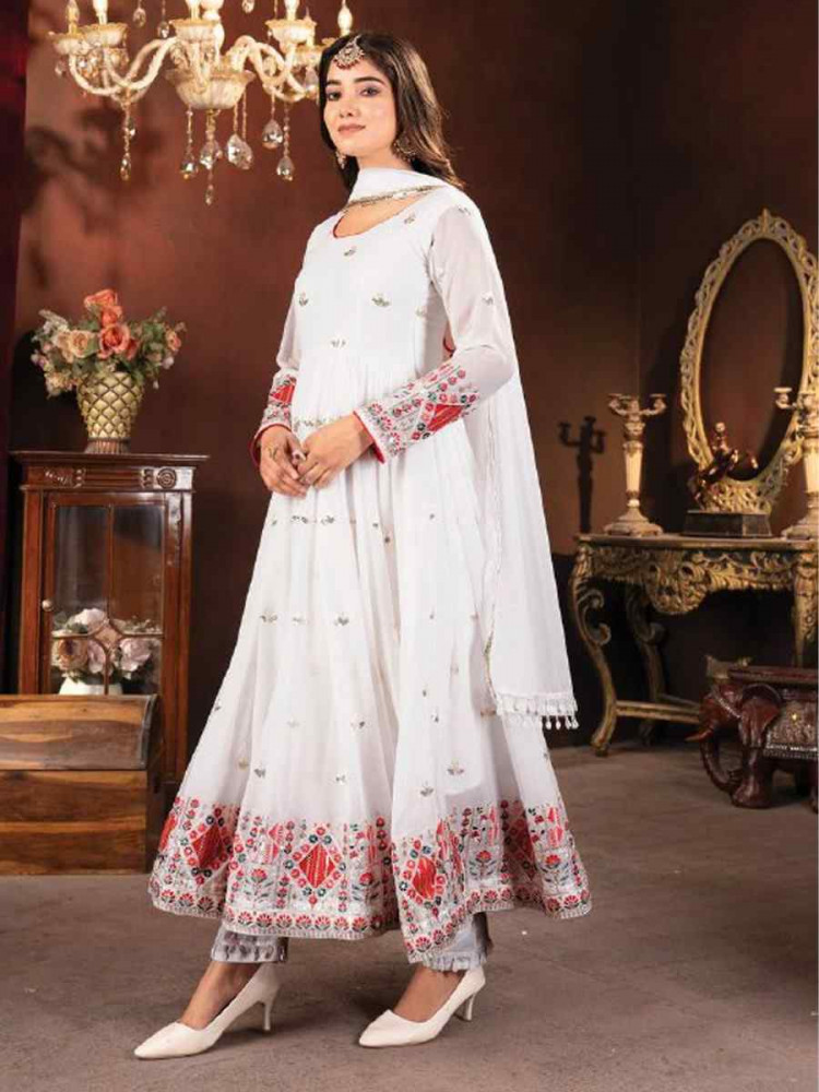 White Faux Blooming Embroidered Party Casual Ready Anarkali Salwar Kameez