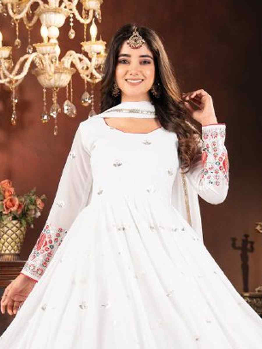 White Faux Blooming Embroidered Party Casual Ready Anarkali Salwar Kameez