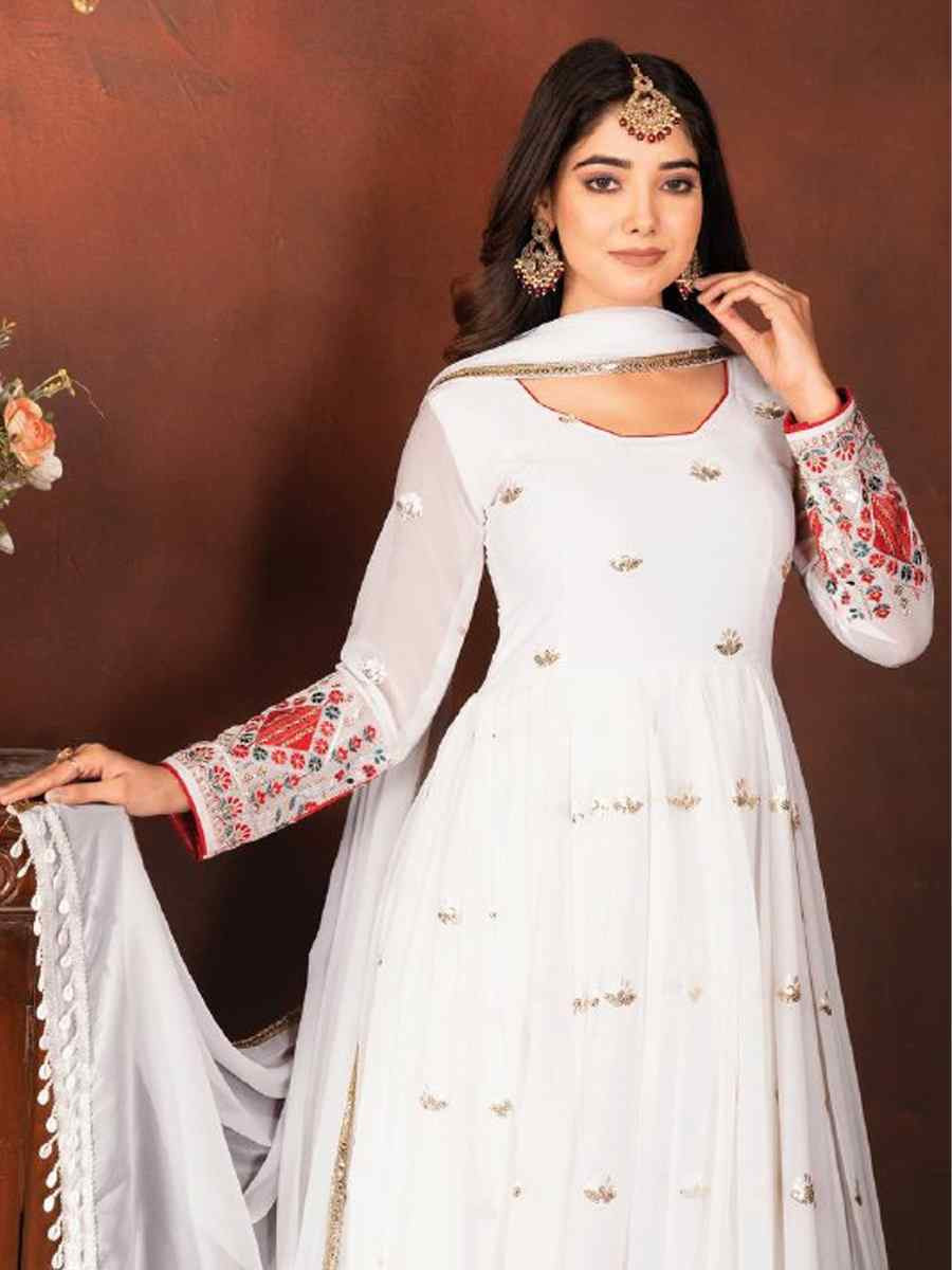 White Faux Blooming Embroidered Party Casual Ready Anarkali Salwar Kameez