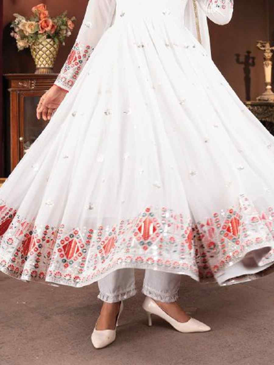 White Faux Blooming Embroidered Party Casual Ready Anarkali Salwar Kameez