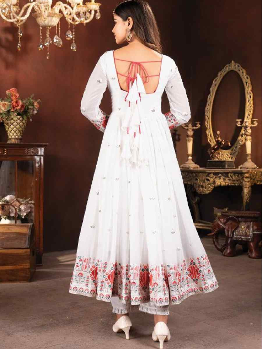 White Faux Blooming Embroidered Party Casual Ready Anarkali Salwar Kameez