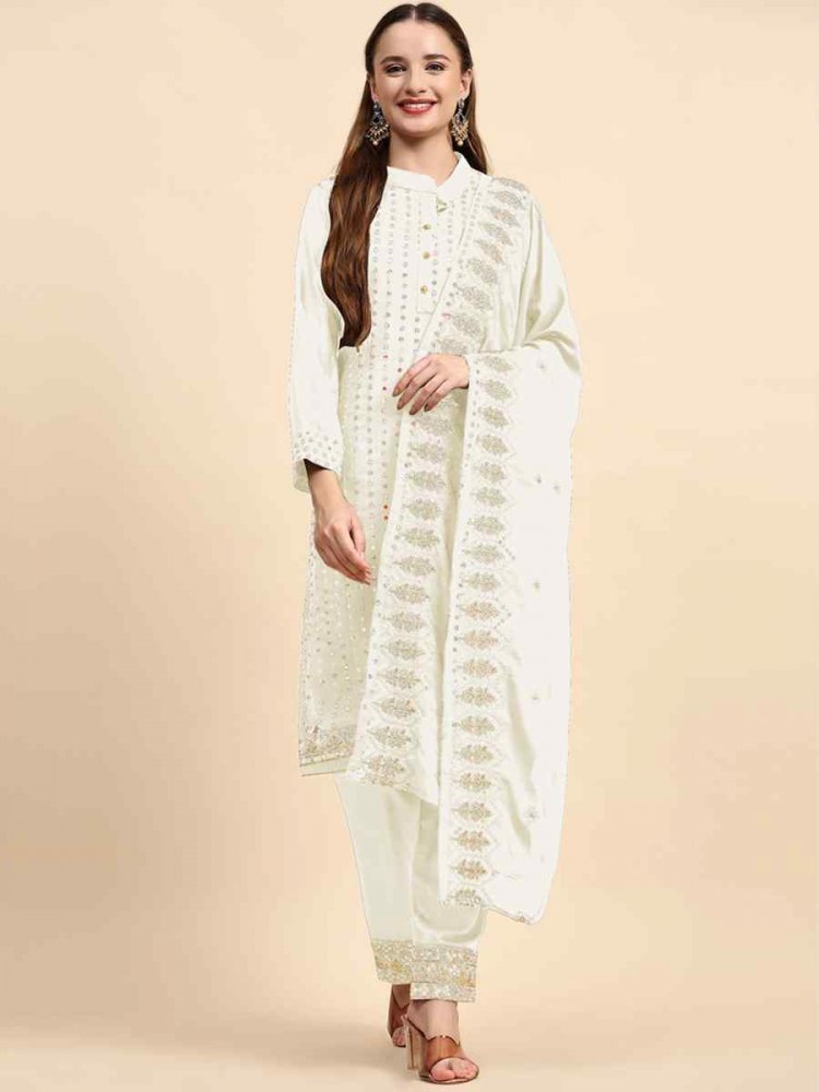 White Faux Georgette Embroidered Festival Casual Pant Salwar Kameez