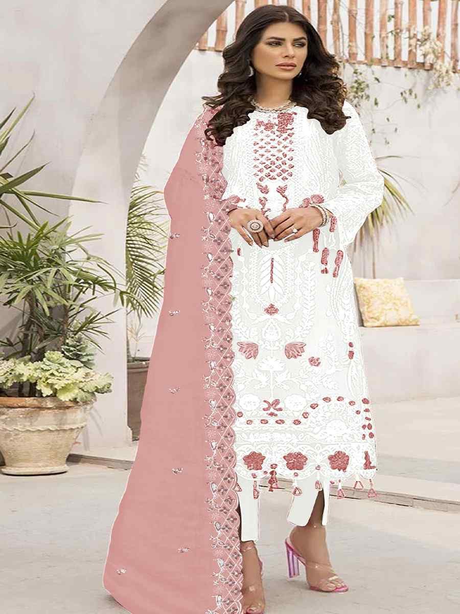 White Faux Georgette Embroidered Festival Casual Pant Salwar Kameez