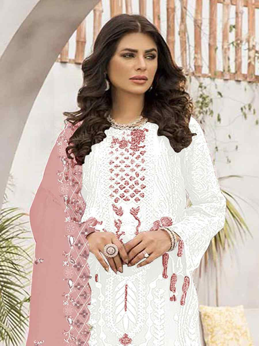 White Faux Georgette Embroidered Festival Casual Pant Salwar Kameez