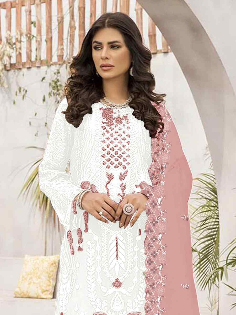 White Faux Georgette Embroidered Festival Casual Pant Salwar Kameez