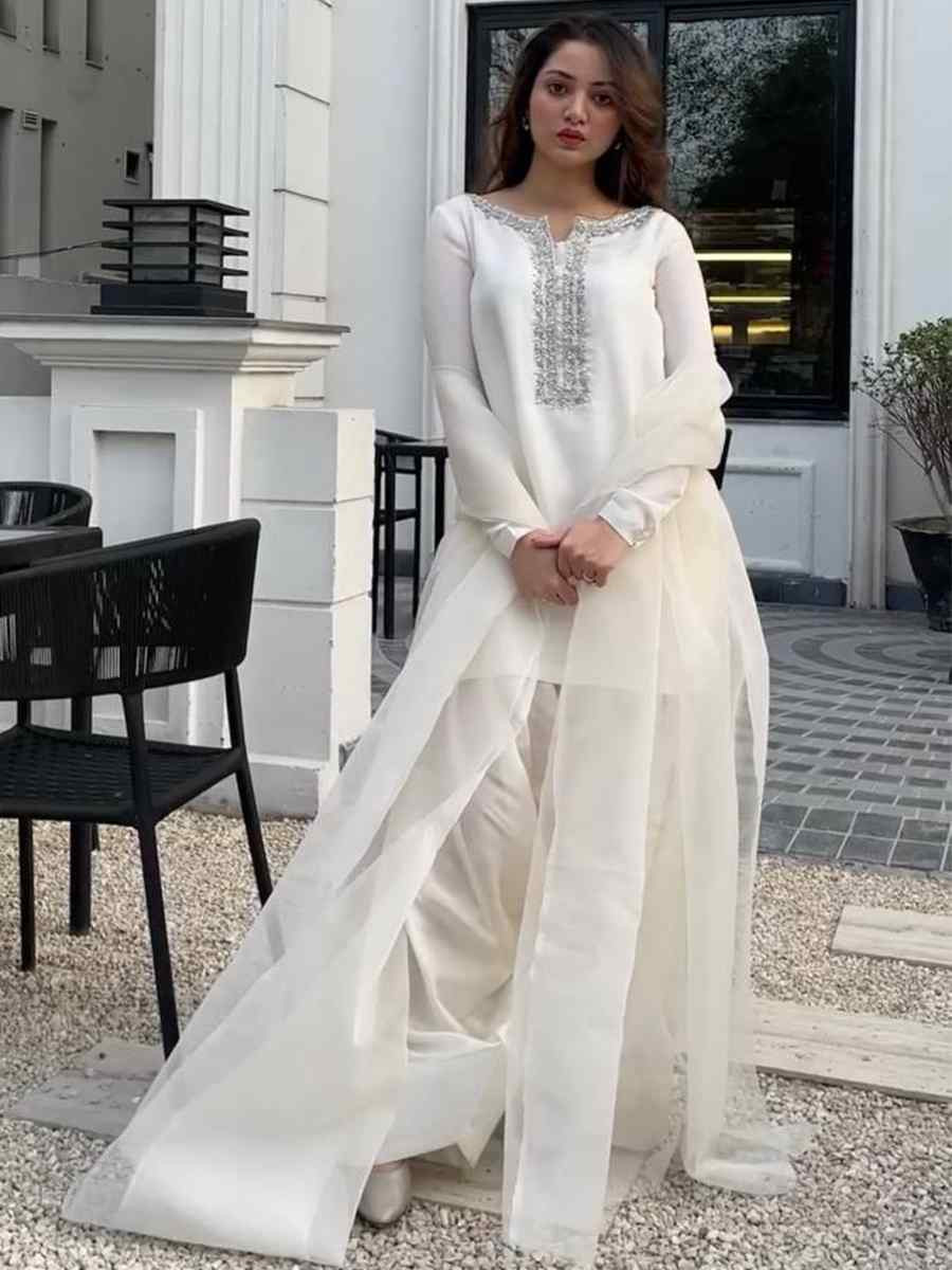 White Faux Georgette Embroidered Festival Casual Ready Farsi Pant Salwar Kameez