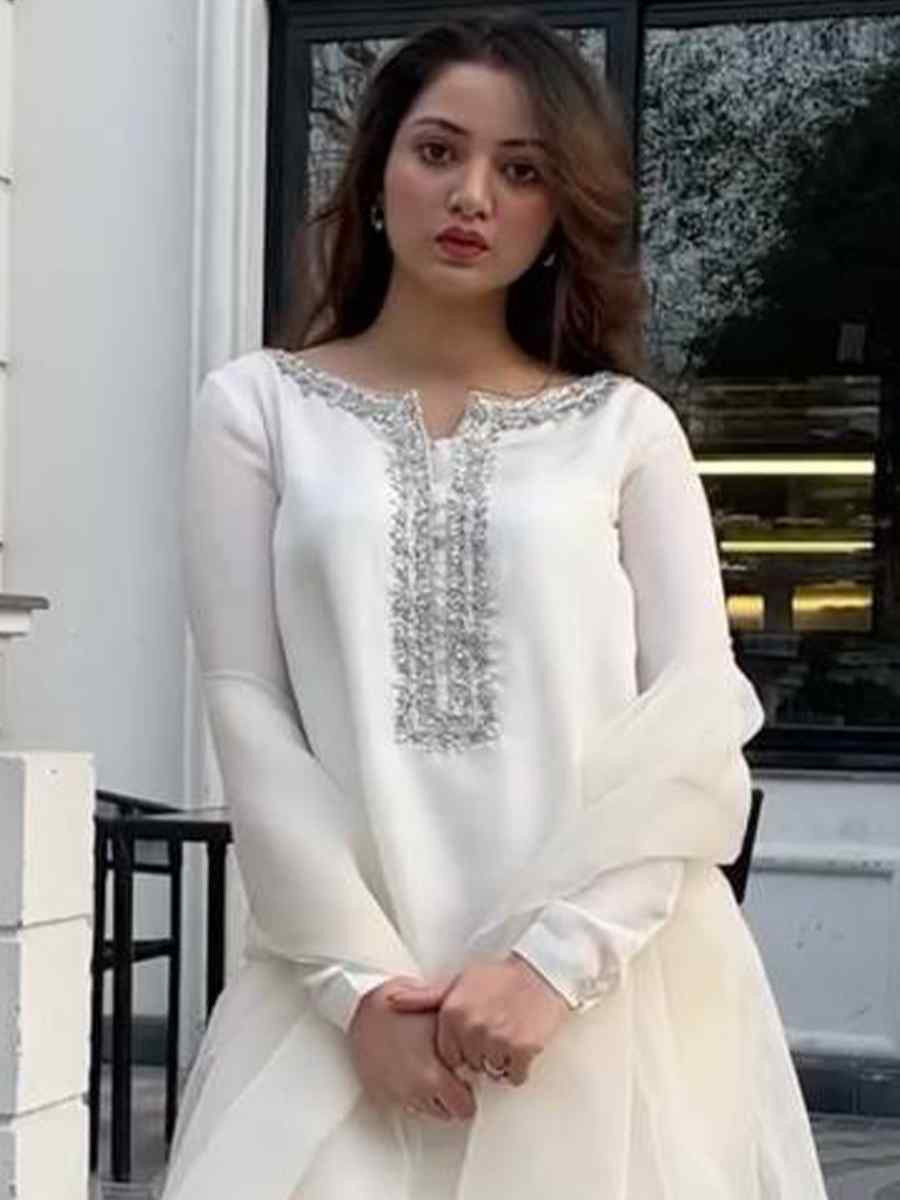 White Faux Georgette Embroidered Festival Casual Ready Farsi Pant Salwar Kameez