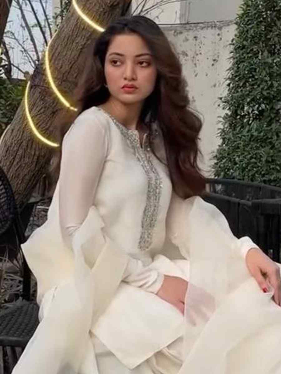 White Faux Georgette Embroidered Festival Casual Ready Farsi Pant Salwar Kameez