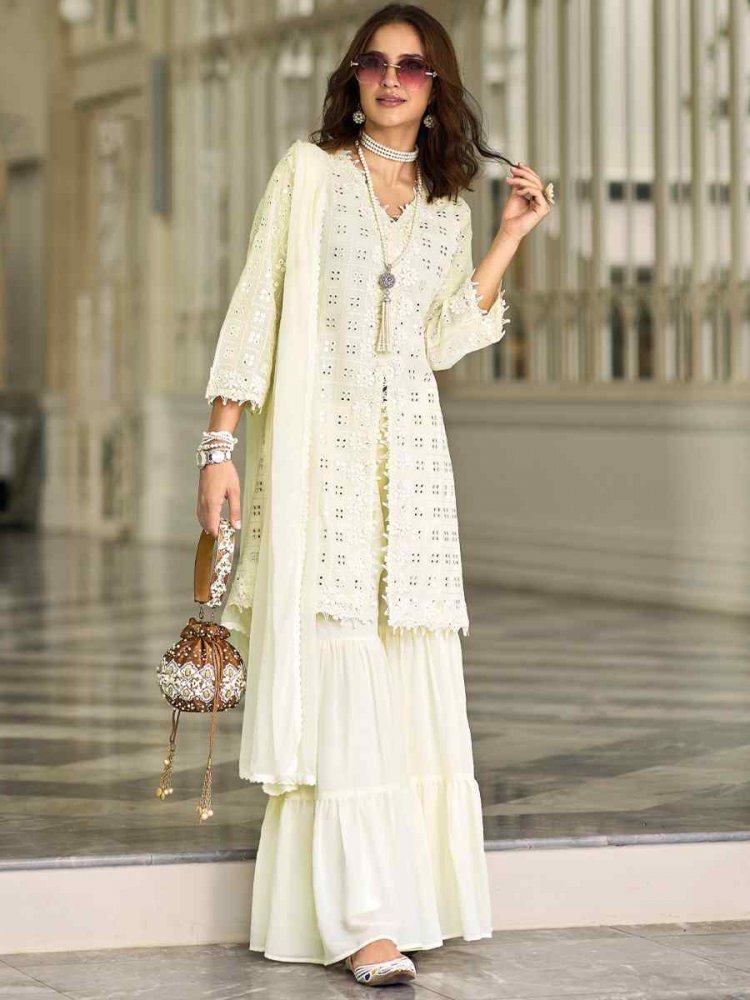 White Faux Georgette Embroidered Festival Mehendi Ready Sharara Pant Salwar Kameez